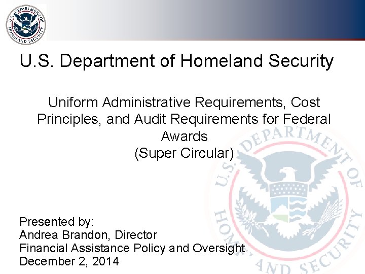 U. S. Department of Homeland Security Uniform Administrative Requirements, Cost Principles, and Audit Requirements