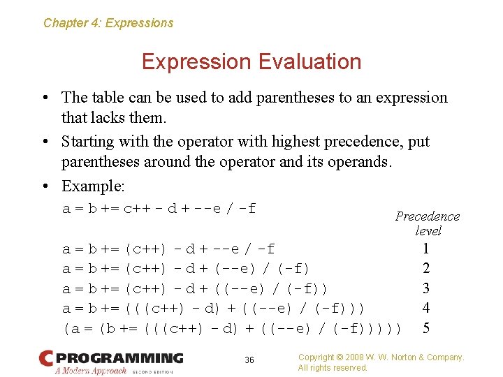 Chapter 4: Expressions Expression Evaluation • The table can be used to add parentheses