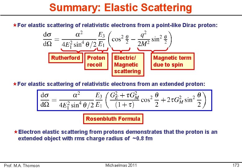 Summary: Elastic Scattering «For elastic scattering of relativistic electrons from a point-like Dirac proton: