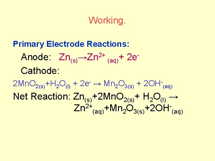 Working. Primary Electrode Reactions: Anode: Zn(s)→Zn 2+ (aq)+ 2 e Cathode: 2 Mn. O