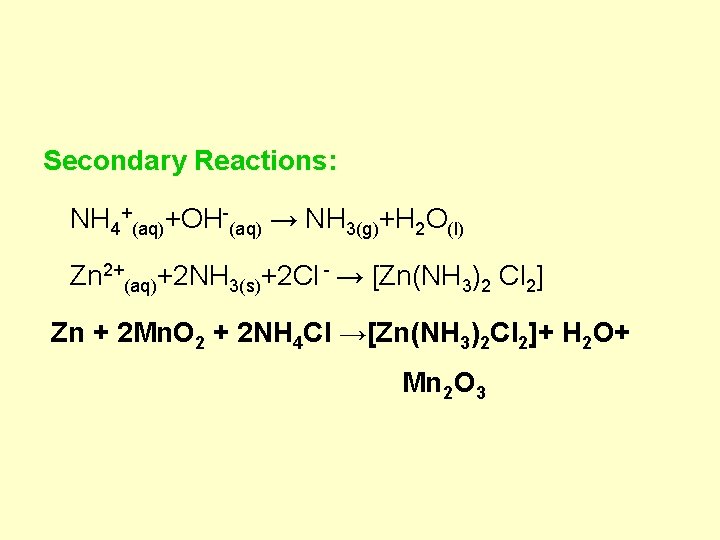 Secondary Reactions: NH 4+(aq)+OH (aq) → NH 3(g)+H 2 O(l) Zn 2+(aq)+2 NH 3(s)+2