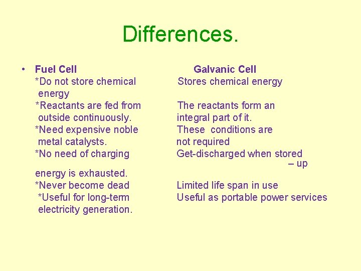 Differences. • Fuel Cell Galvanic Cell *Do not store chemical Stores chemical energy *Reactants