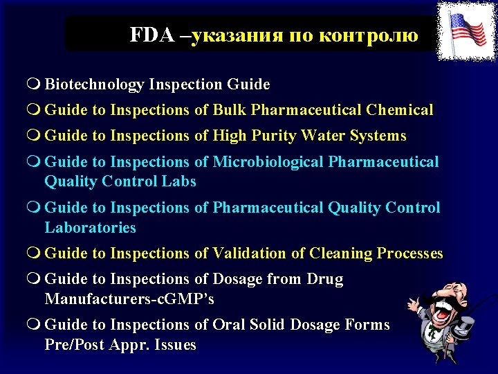 FDA –указания по контролю m Biotechnology Inspection Guide m Guide to Inspections of Bulk