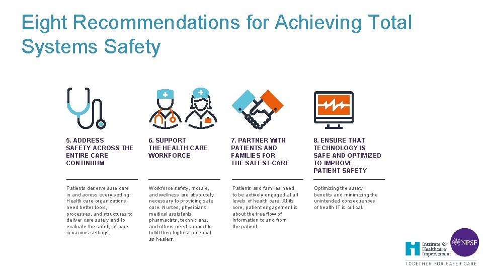 Eight Recommendations for Achieving Total Systems Safety 5. ADDRESS SAFETY ACROSS THE ENTIRE CARE Eight Recommendations for Achieving Total Systems Safety 5. ADDRESS SAFETY ACROSS THE ENTIRE CARE