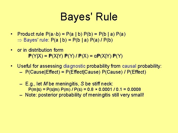 Bayes' Rule • Product rule P(a b) = P(a | b) P(b) = P(b