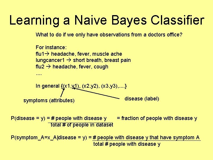 Learning a Naive Bayes Classifier What to do if we only have observations from