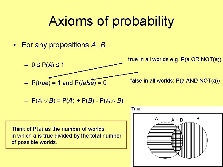 Axioms of probability • For any propositions A, B – 0 ≤ P(A) ≤
