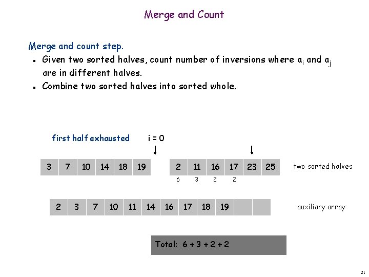 Merge and Count Merge and count step. Given two sorted halves, count number of