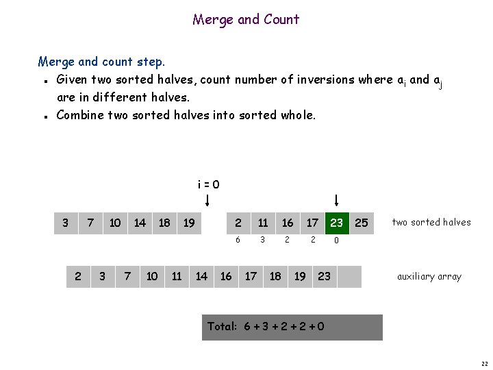 Merge and Count Merge and count step. Given two sorted halves, count number of