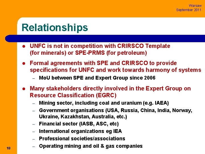 Warsaw September 2011 Relationships l UNFC is not in competition with CRIRSCO Template (for