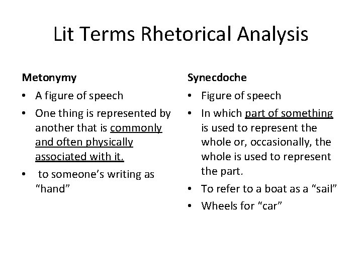 Lit Terms Rhetorical Analysis Metonymy Synecdoche • A figure of speech • One thing