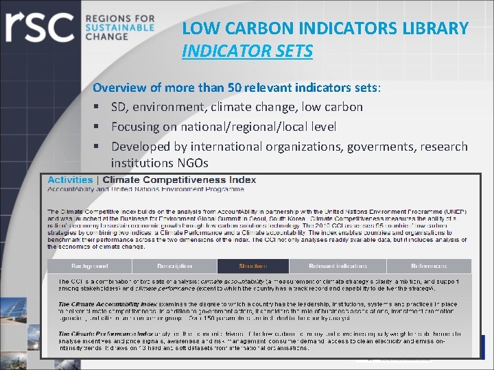 LOW CARBON INDICATORS LIBRARY INDICATOR SETS Overview of more than 50 relevant indicators sets:
