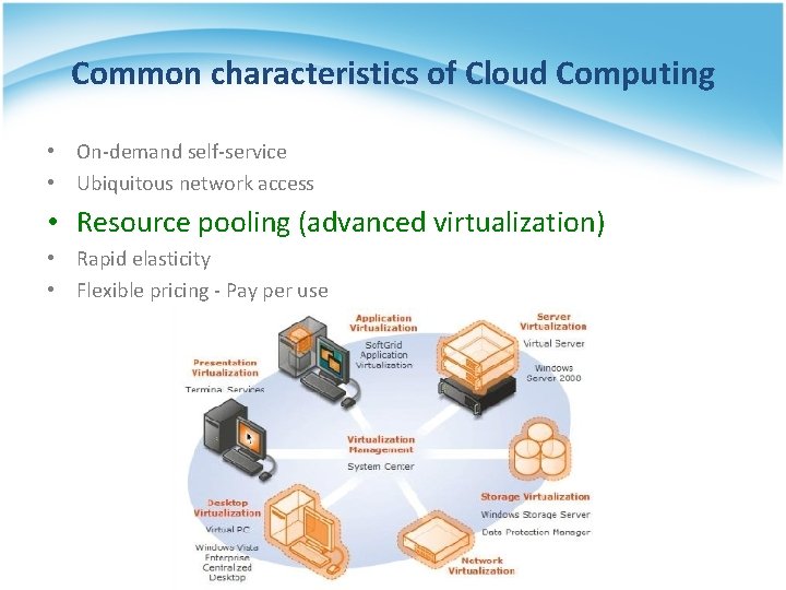 Common characteristics of Cloud Computing • On-demand self-service • Ubiquitous network access • Resource