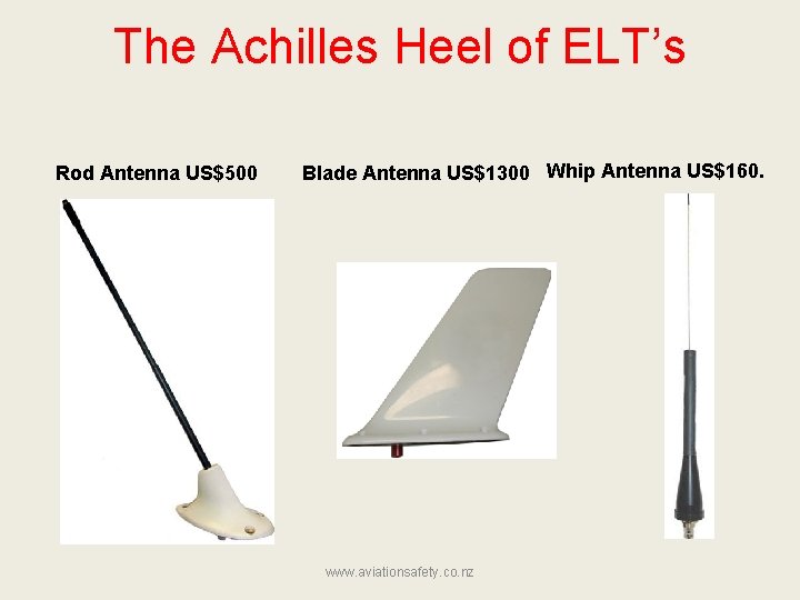 The Achilles Heel of ELT’s Rod Antenna US$500 Blade Antenna US$1300 Whip Antenna US$160.