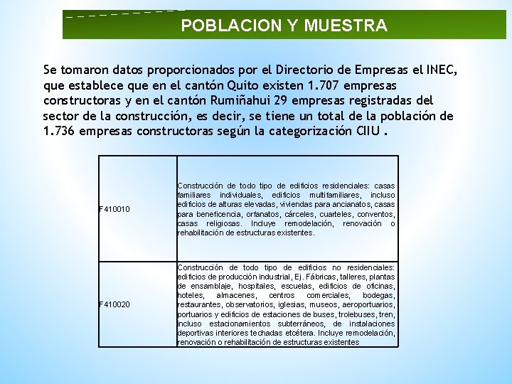 POBLACION Y MUESTRA Se tomaron datos proporcionados por el Directorio de Empresas el INEC,