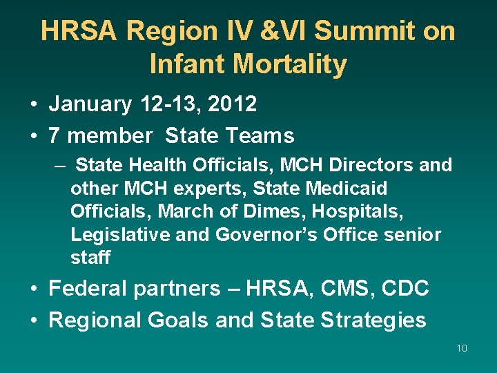 HRSA Region IV &VI Summit on Infant Mortality • January 12 -13, 2012 •