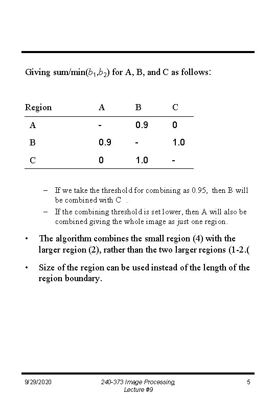 Giving sum/min(b 1, b 2) for A, B, and C as follows: Region A
