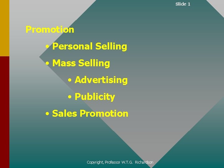 Slide 1 Promotion • Personal Selling • Mass Selling • Advertising • Publicity •