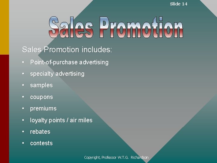 Slide 14 Sales Promotion includes: • Point-of-purchase advertising • specialty advertising • samples •