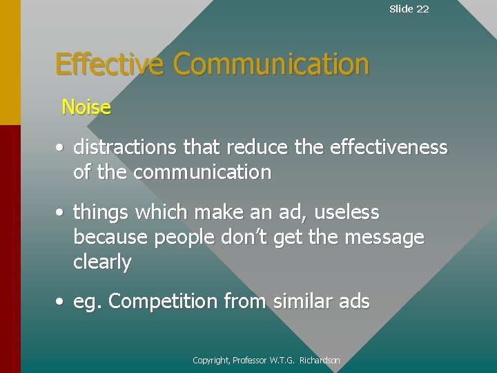 Slide 22 Effective Communication Noise • distractions that reduce the effectiveness of the communication