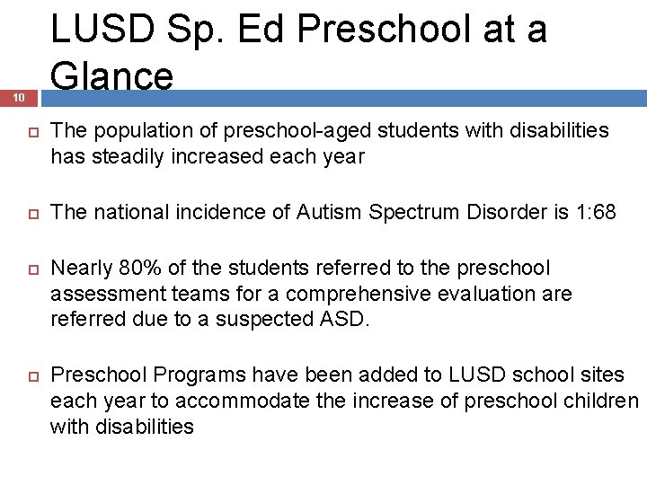 LUSD Sp. Ed Preschool at a Glance 10 The population of preschool-aged students with