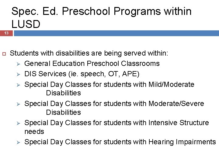 Spec. Ed. Preschool Programs within LUSD 13 Students with disabilities are being served within: