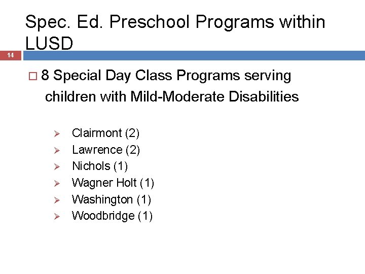 14 Spec. Ed. Preschool Programs within LUSD 8 Special Day Class Programs serving children