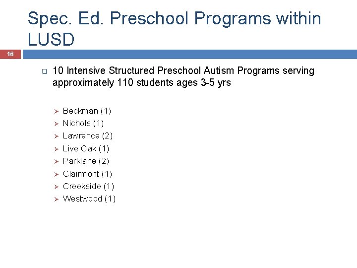 Spec. Ed. Preschool Programs within LUSD 16 q 10 Intensive Structured Preschool Autism Programs