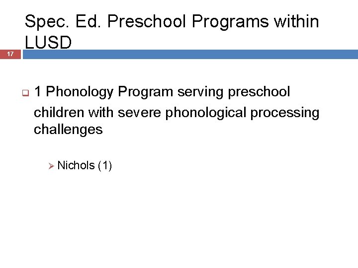 17 Spec. Ed. Preschool Programs within LUSD q 1 Phonology Program serving preschool children