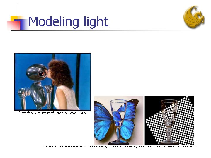 Modeling light "Interface", courtesy of Lance Williams, 1985 Environment Matting and Compositing, Zongker, Werner,