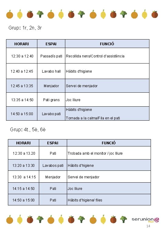 Grup: 1 r, 2 n, 3 r HORARI ESPAI FUNCIÓ 12: 30 a 12: