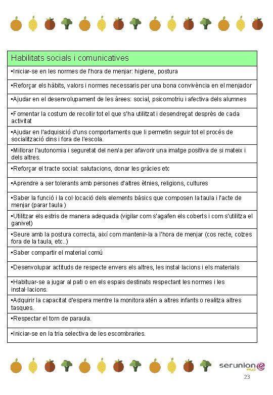 Habilitats socials i comunicatives • Iniciar se en les normes de l’hora de menjar: