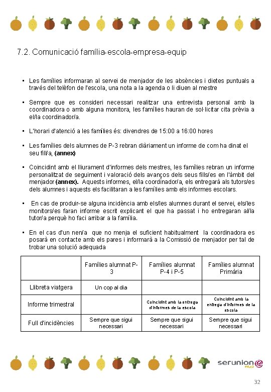7. 2. Comunicació família escola empresa equip • Les famílies informaran al servei de