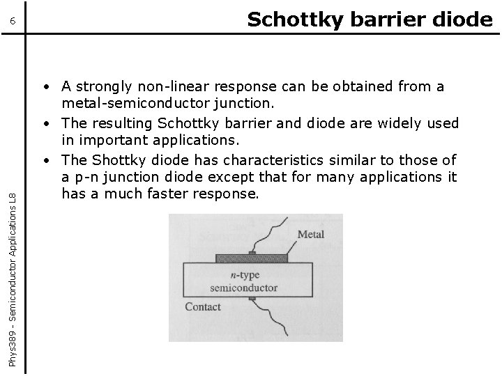 Phys 389 - Semiconductor Applications L 8 6 Schottky barrier diode • A strongly