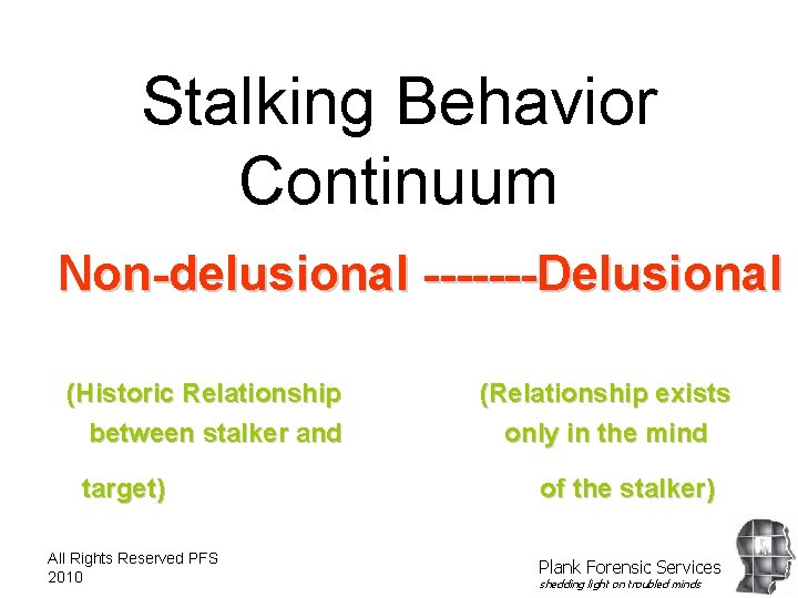 Stalking Behavior Continuum Non-delusional -------Delusional (Historic Relationship between stalker and target) All Rights Reserved