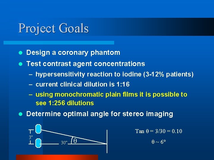 Project Goals l Design a coronary phantom l Test contrast agent concentrations – hypersensitivity