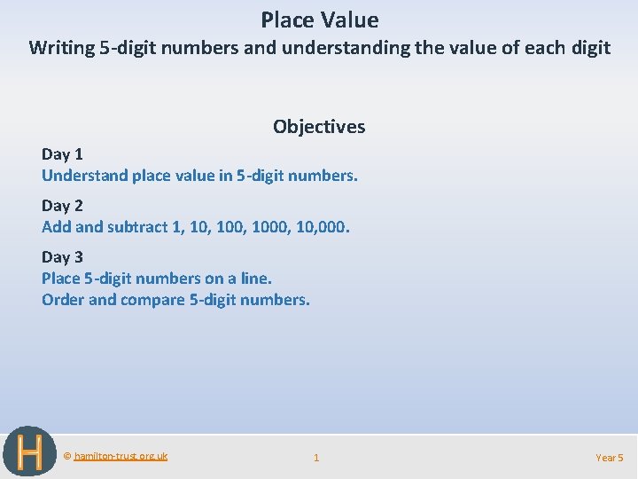 Place Value Writing 5 -digit numbers and understanding the value of each digit Objectives