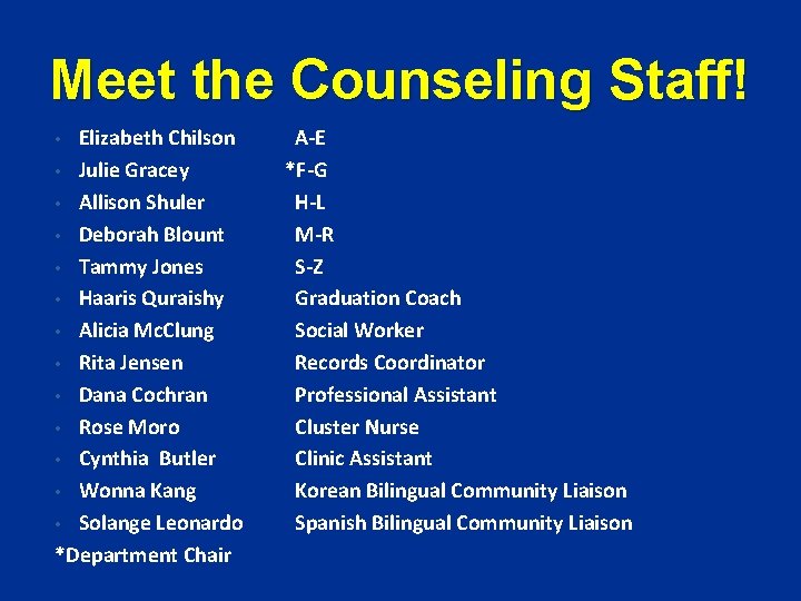 Meet the Counseling Staff! Elizabeth Chilson • Julie Gracey • Allison Shuler • Deborah