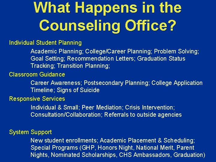 What Happens in the Counseling Office? Individual Student Planning Academic Planning; College/Career Planning; Problem What Happens in the Counseling Office? Individual Student Planning Academic Planning; College/Career Planning; Problem