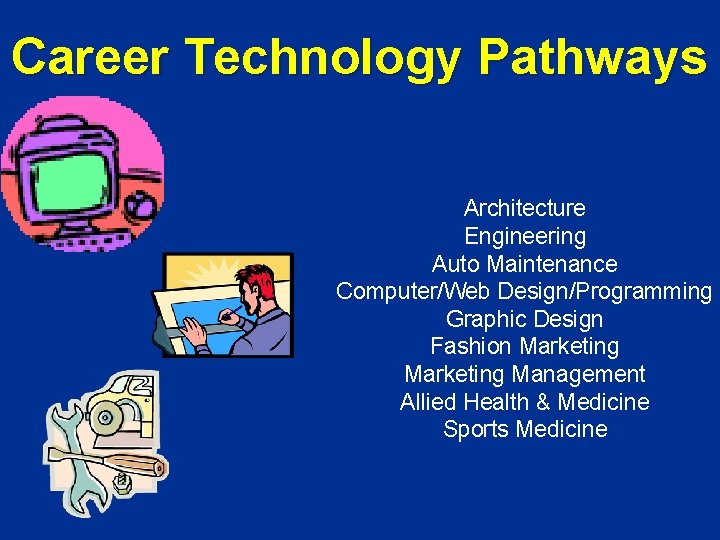 Career Technology Pathways Architecture Engineering Auto Maintenance Computer/Web Design/Programming Graphic Design Fashion Marketing Management