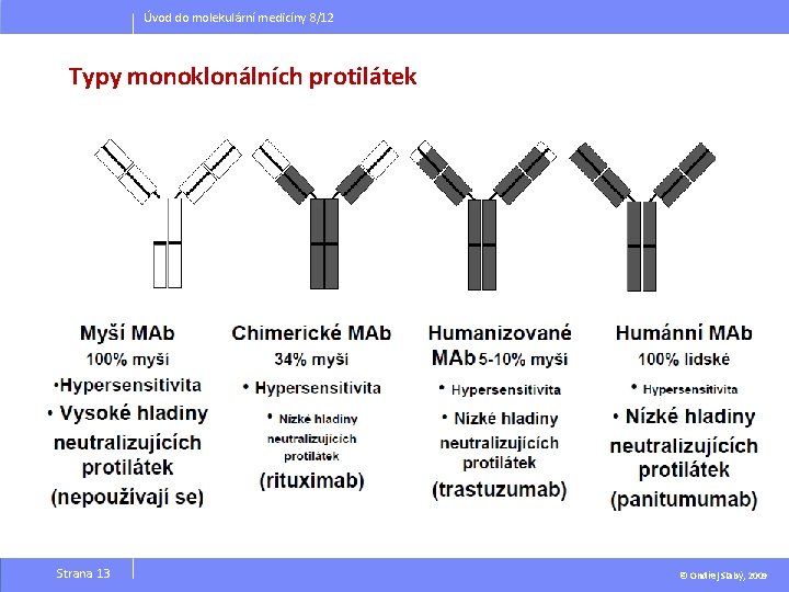 Úvod do molekulární medicíny 8/12 Typy monoklonálních protilátek Strana 13 © Ondřej Slabý, 2009