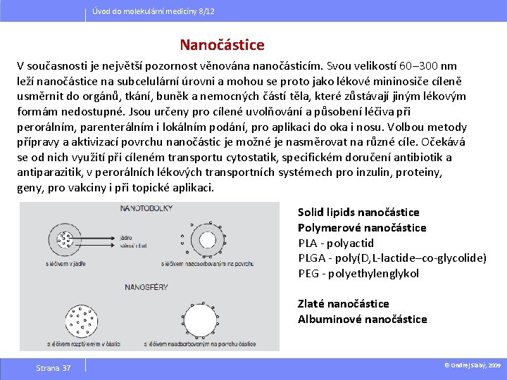 Úvod do molekulární medicíny 8/12 Nanočástice V současnosti je největší pozornost věnována nanočásticím. Svou