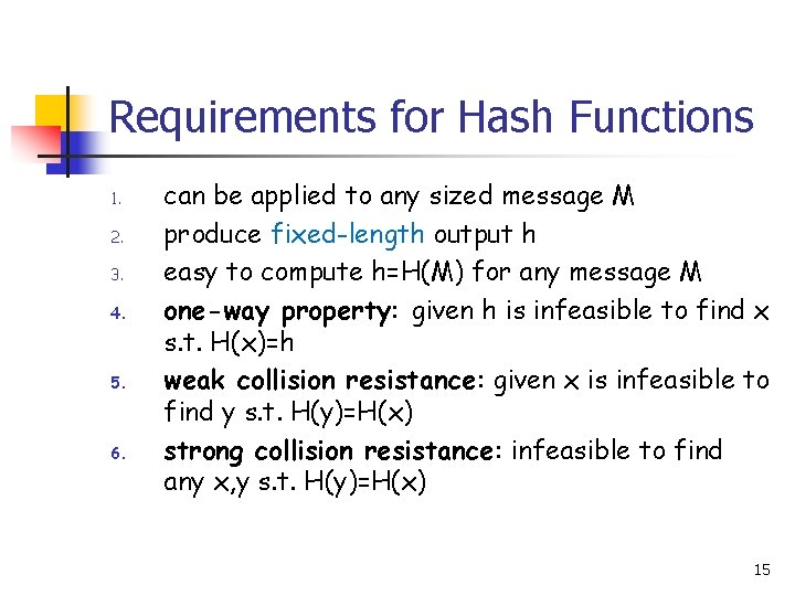 Requirements for Hash Functions 1. 2. 3. 4. 5. 6. can be applied to