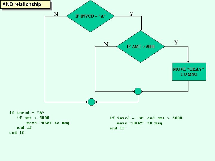 AND relationship N IF INVCD = “A” N Y IF AMT > 5000 Y