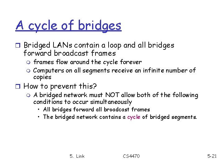 A cycle of bridges r Bridged LANs contain a loop and all bridges forward