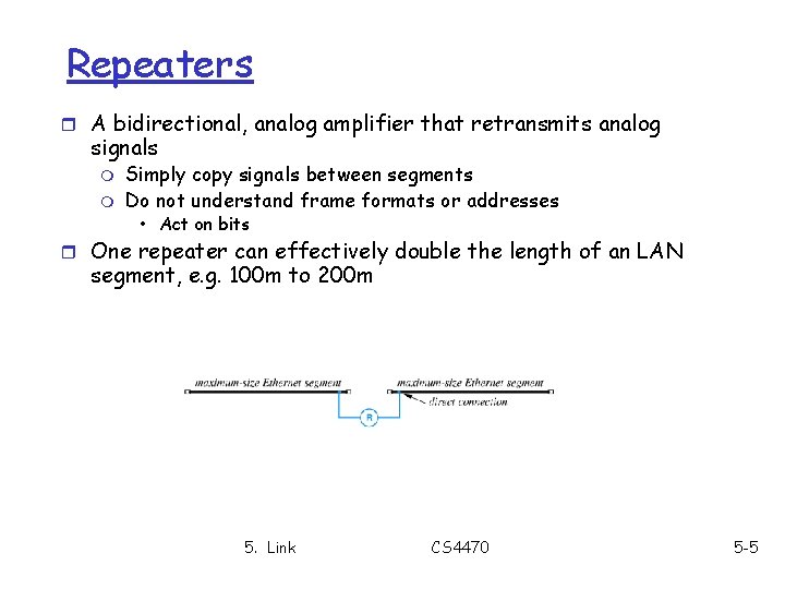 Repeaters r A bidirectional, analog amplifier that retransmits analog signals m m Simply copy