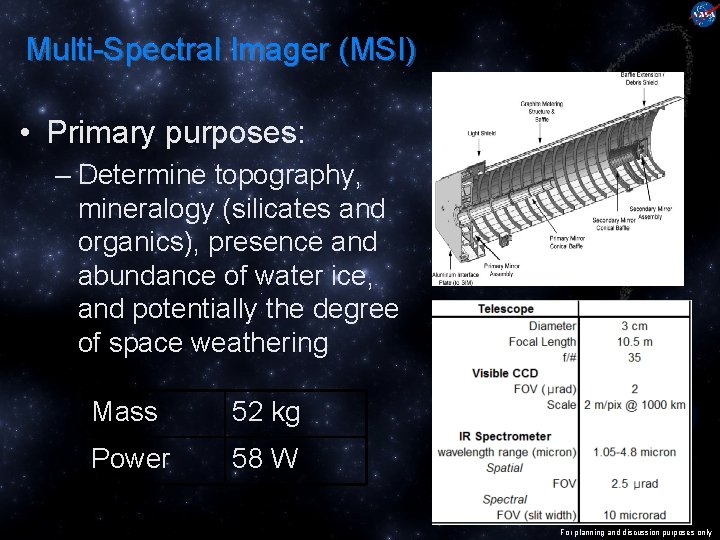 Multi-Spectral Imager (MSI) • Primary purposes: – Determine topography, mineralogy (silicates and organics), presence