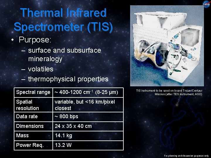 Thermal Infrared Spectrometer (TIS) • Purpose: – surface and subsurface mineralogy – volatiles –