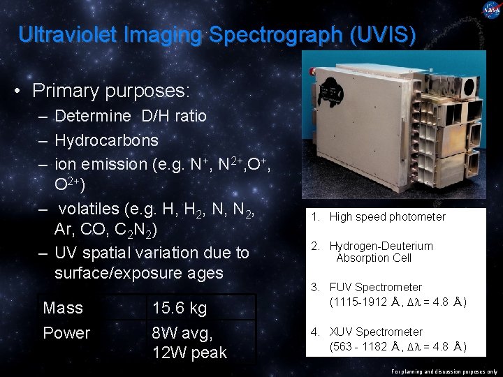 Ultraviolet Imaging Spectrograph (UVIS) • Primary purposes: – Determine D/H ratio – Hydrocarbons –
