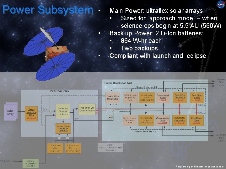 Power Subsystem • • • Main Power: ultraflex solar arrays • Sized for “approach